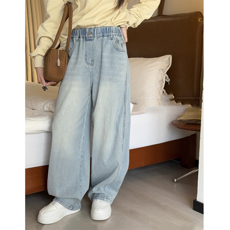 女童直筒牛仔裤童装2025春儿童窄版宽松牛仔裤男童百搭休闲长裤子