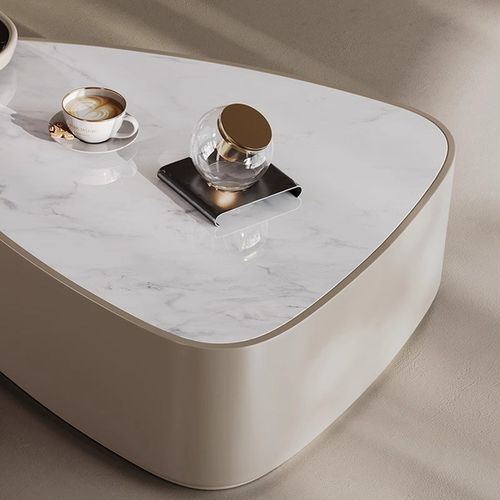 意式极简三角形茶几组合可伸缩小户型客厅家用微晶石中古风大理石