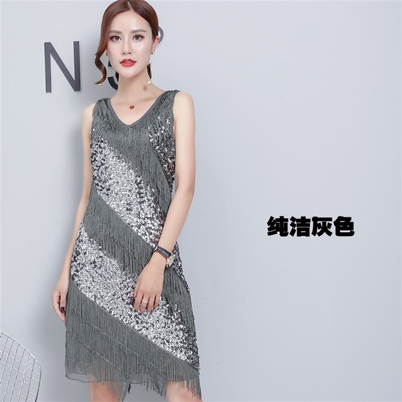 新款V领复古盖茨比流苏连衣裙亮片拉丁舞恰恰爵士舞服装女套装