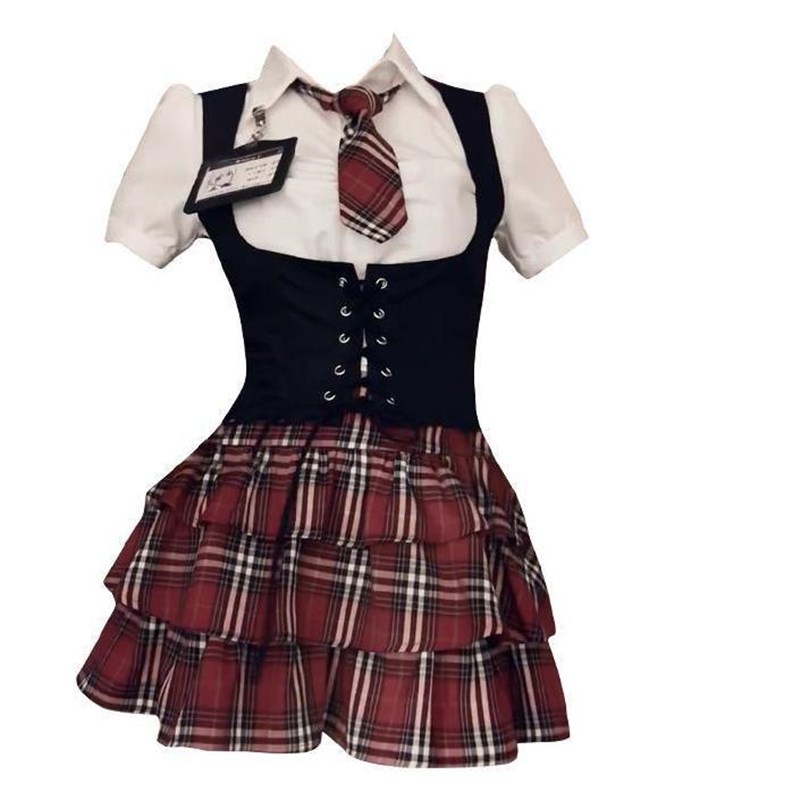 大码胖mm时尚美式学院风收腰衬衫马甲束腰蓬蓬蛋糕裙两件套女夏季