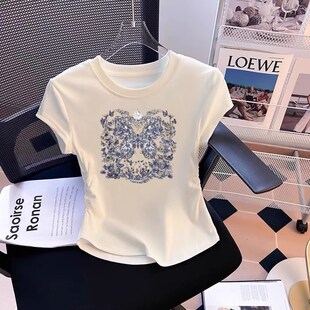 纯棉新款 时尚 今年流行漂亮 短款 小众独特小衫 t恤女夏季 法式 短袖