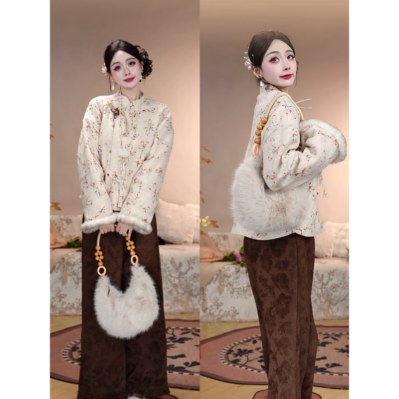 【琥珀-夹棉加厚】潇夫人自制新中式温柔风提花外套女复古气质套�