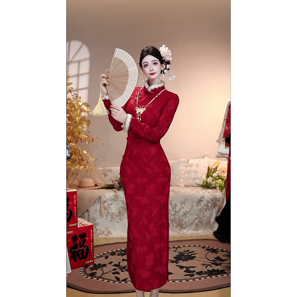 【朱砂痣-加绒】潇夫人自制红色旗袍敬酒服新中式连衣裙显瘦年轻�