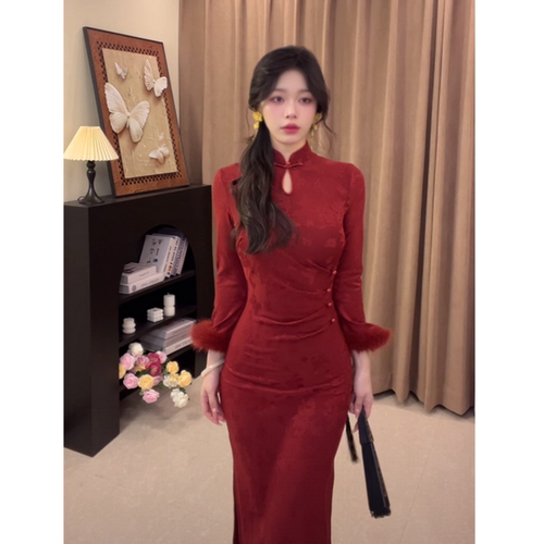 【朱樱-加绒】潇夫人自制弹力新中式旗袍秋冬款改良款旗袍连衣裙