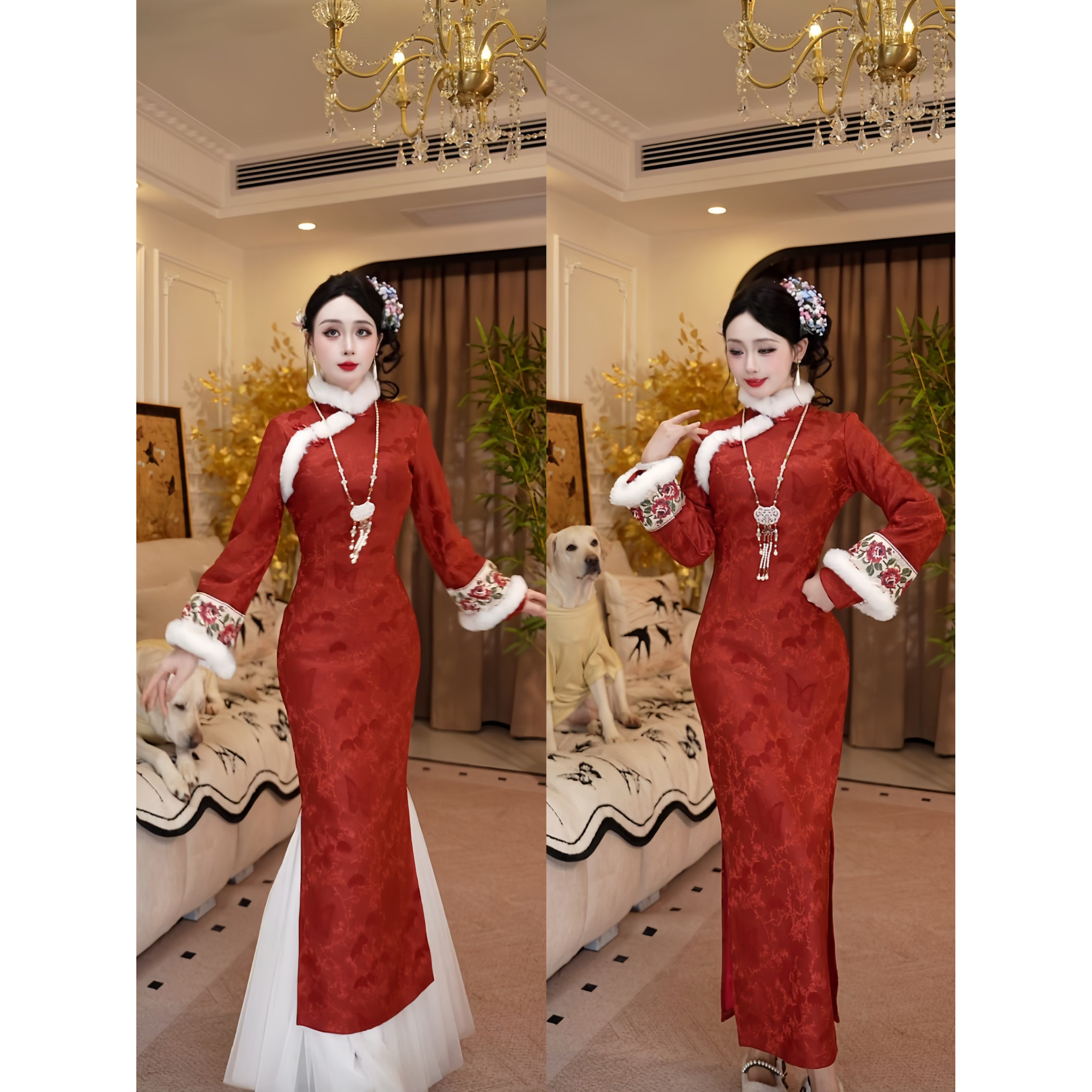 【红妆-加绒】潇夫人自制红色改良旗袍新中式敬酒服订婚国风连衣�