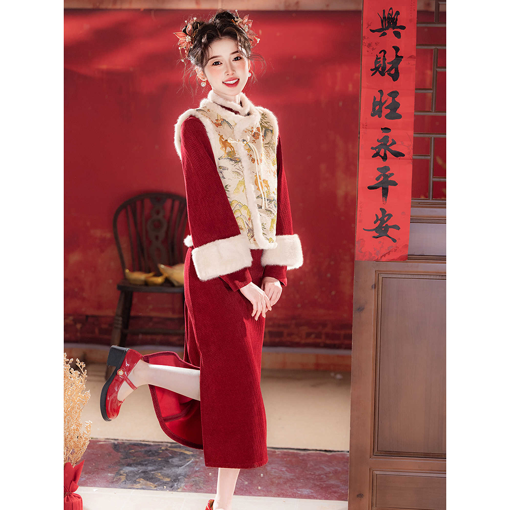 【东禧-加绒】潇夫人自制红色旗袍敬酒服拜年服新年新中式订婚套�