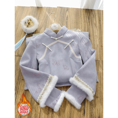 紫色素雅新中式加绒保暖旗袍女2025冬新款倒大袖改良年轻款连衣裙