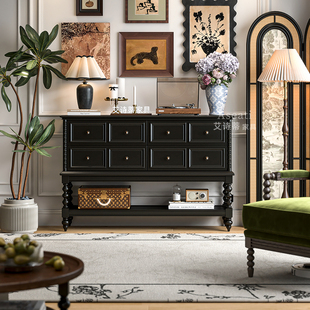 法式实木玄关柜客厅中古风斗柜美式黑色过道隔断边柜靠墙储物柜子
