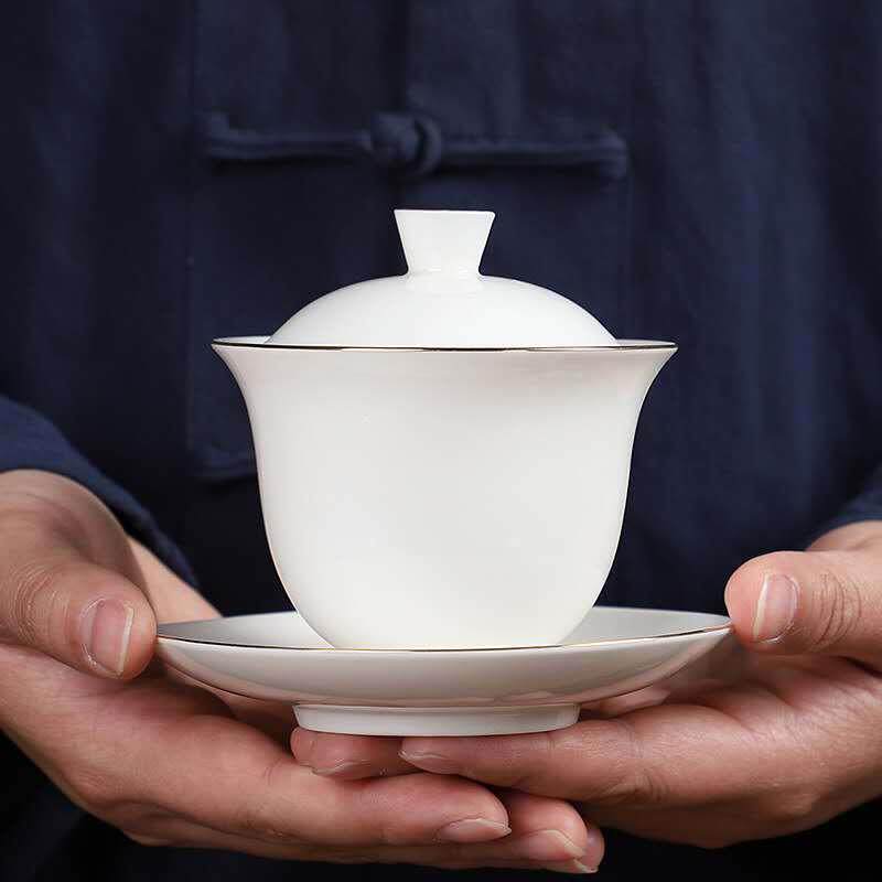 速发德化白瓷盖碗茶茶陶瓷大号泡杯三才碗羊脂玉单金功夫茶碗家用