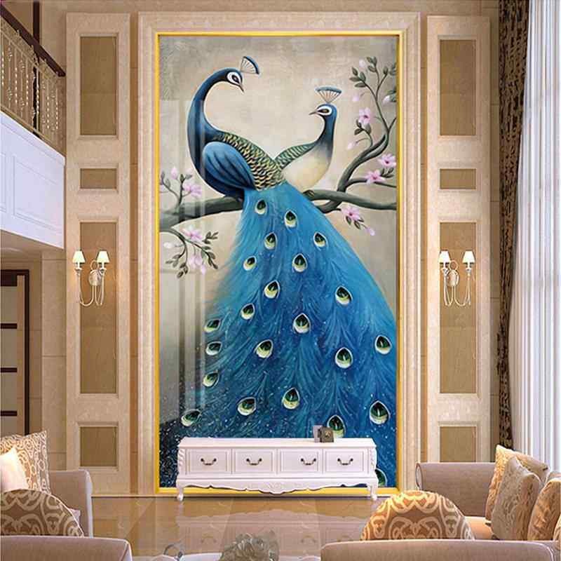 速发玄关入户装饰画现代简约客厅走廊过道挂画轻奢大气竖版孔雀晶