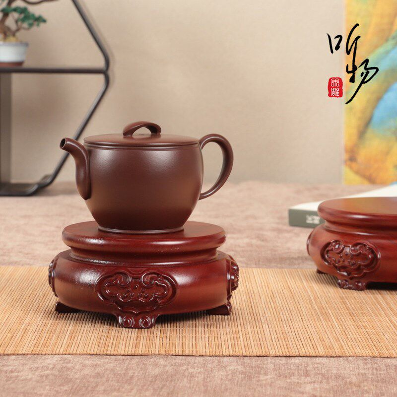 速发实木中式雕刻线条如意纹茶壶盆景底座佛像香炉铜摆件玉石加高