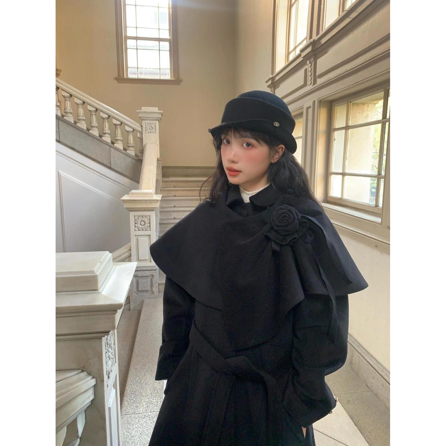 “留洋千金”披肩+毛呢大衣两件套2025冬季新款复古甜美毛呢外套