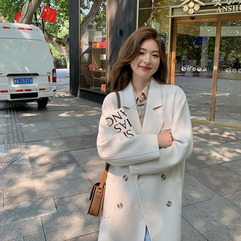 慵懒风厚款韩版白色高端中长款过膝大衣秋冬新款毛呢外套女