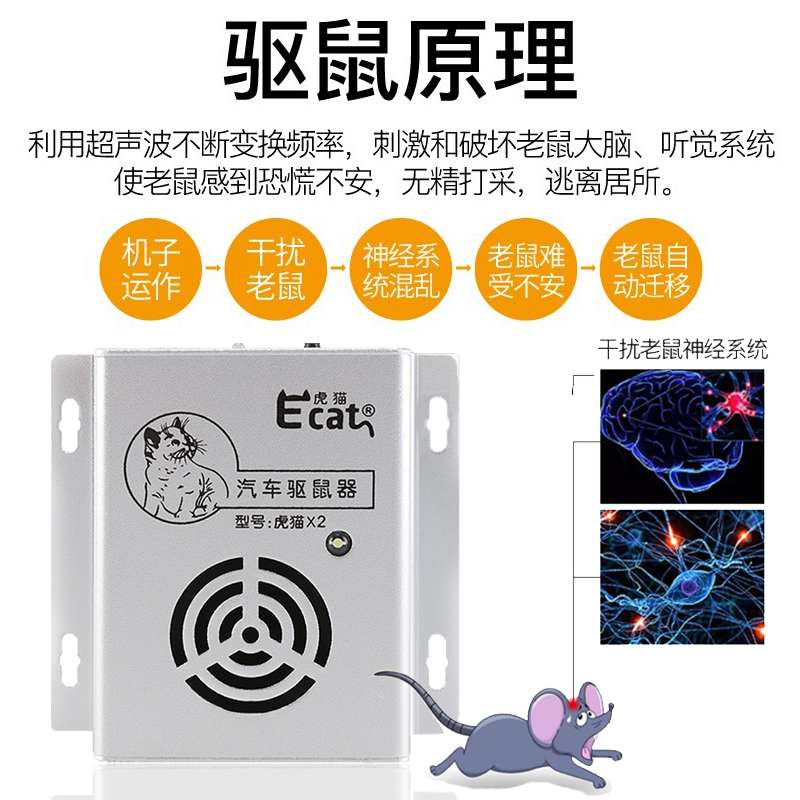 虎猫车载驱鼠器汽车发动机舱防老鼠超声波灭鼠车内电子猫驱赶神器
