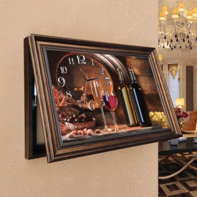 卧室配电箱装饰画电闸盒带钟表新中式开门北欧大尺寸风景清新滑动