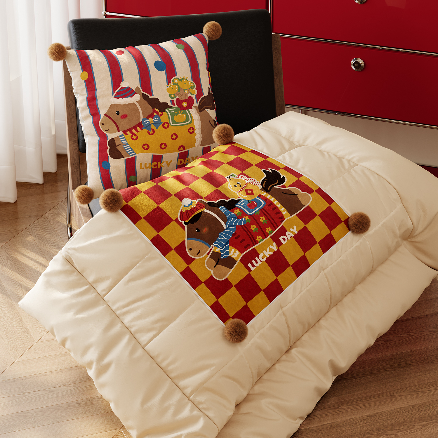 圣诞节马年红色抱枕被