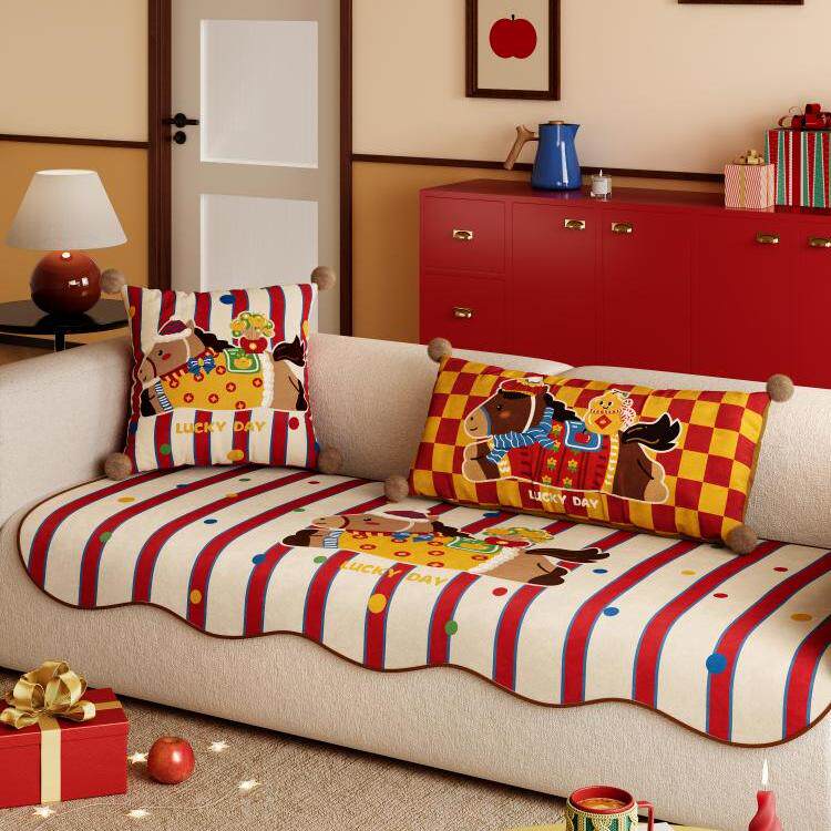 小马沙发垫2026新款冬季马年新年装饰红色氛围感家用防滑透气坐垫,居家布艺,沙发垫,淘宝优惠券,粉丝福利购,淘宝优惠卷