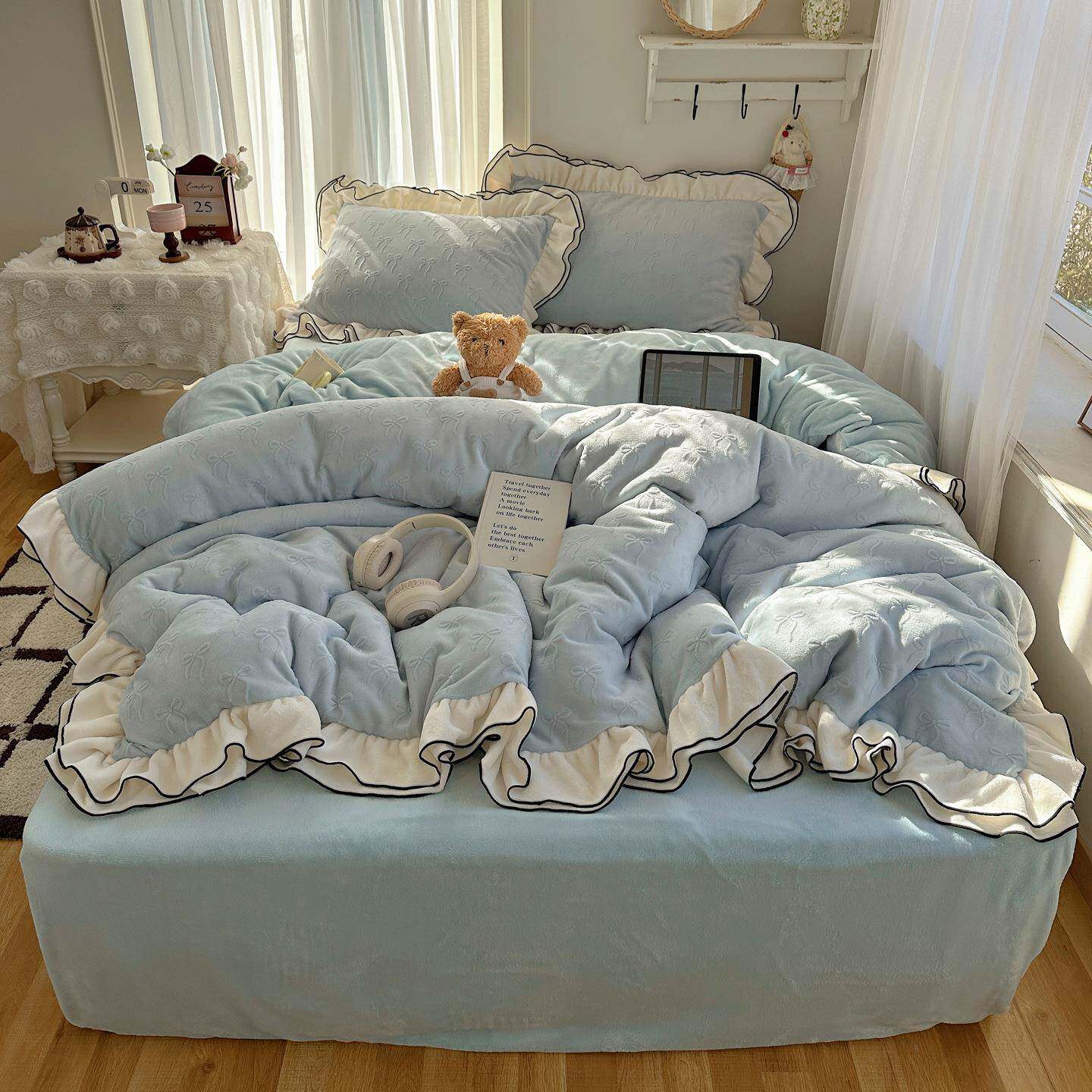 2025新款雕花绒荷叶边温柔蝴蝶结系列四件套 1.2m床单款三件套 温