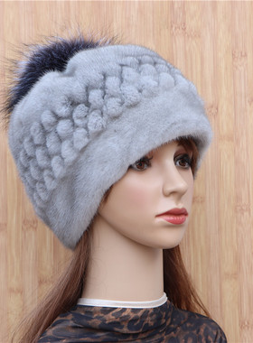 新品整皮水貂菠萝帽子整貂进口时尚整貂皮螺旋造型帽子韩冬季保暖