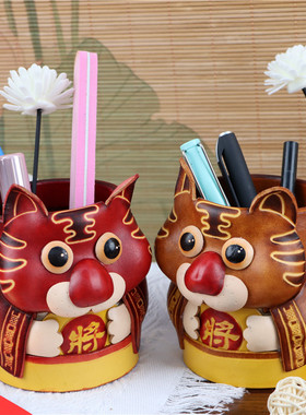 头层牛皮小老虎笔筒办公桌面摆件十二生肖老虎创意收纳桶儿童礼品