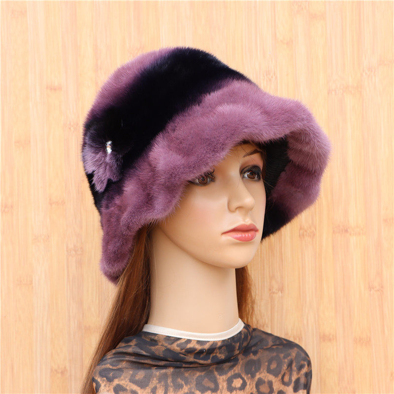 新品整皮水貂渐变礼帽子女时尚皮草整貂大帽檐造型帽子韩冬季保暖