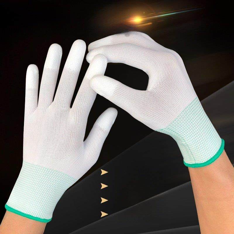 薄款PU涂指涂掌劳保手套浸胶耐磨防滑透气防静电防尘尼龙纱线带胶