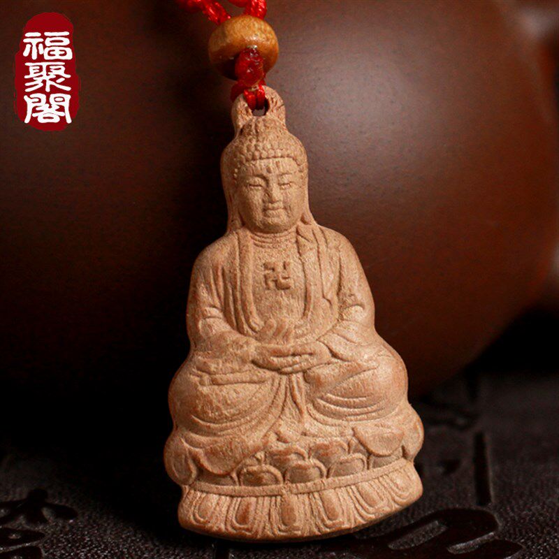 速发笑双吊坠项链肥城桃木佛面品刻观音菩萨佛像佛公随身饰雕木质