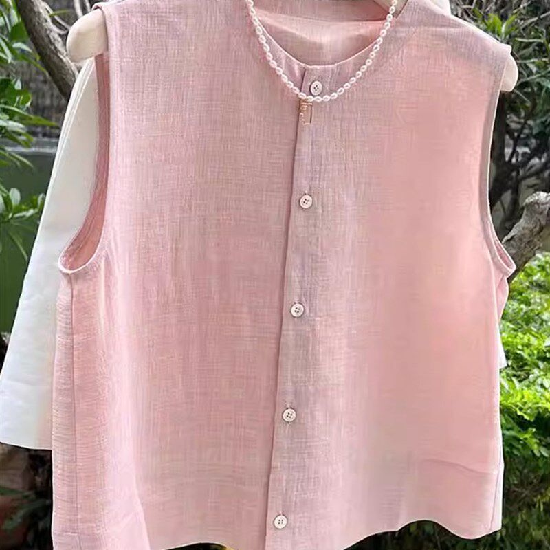 速发淡粉色减龄棉麻马甲背心麻季薄款圆领休闲无袖坎肩叠上亚夏穿