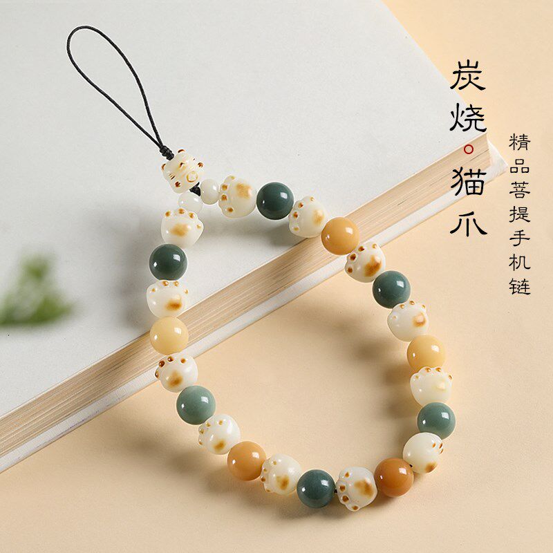 速发菩提根圆珠炭烧猫爪手机链挂件精致款爱招短猫财可手腕防丢挂