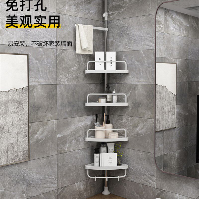 不锈钢浴室置物架l免打孔厕所卫生间三角架顶天立地转角沥水收纳