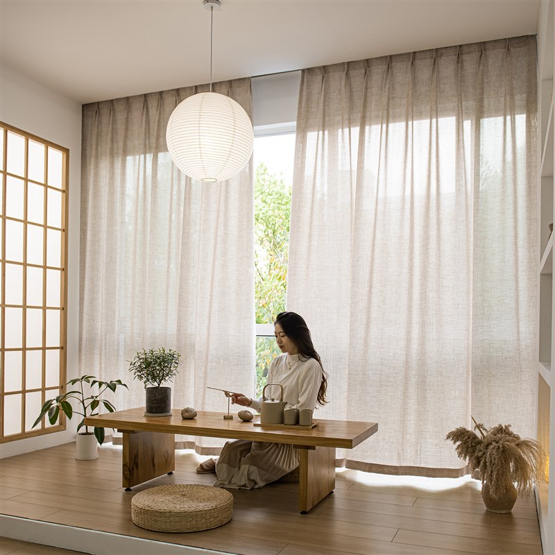 3.5米3.3米3.2米r特高无拼接咖色亚麻棉麻感窗帘纱帘阳台民宿茶室