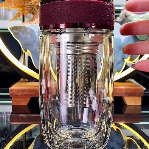 高硼硅双层玻f璃杯龙图茶水分离男女士耐高温透明水杯加厚茶杯
