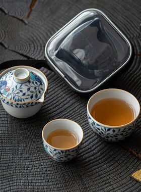 青花中式快客杯一壶二杯便携y式小套旅行茶具仿古青花瓷泡茶壶