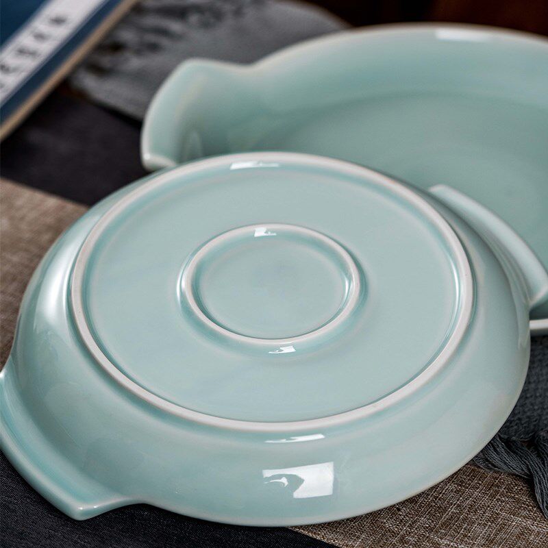 中式陶瓷双耳圆形烤盘创意早餐盘B子烘焙芝士焗饭盘微波炉烤箱可