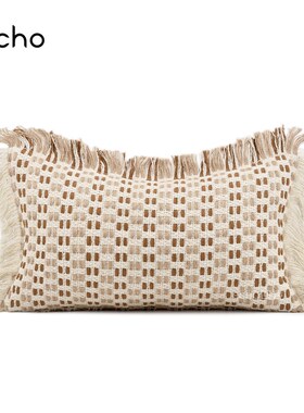 摩洛哥样板间民宿米橙色s侘寂风棉麻流苏沙发客厅抱枕床上腰枕靠