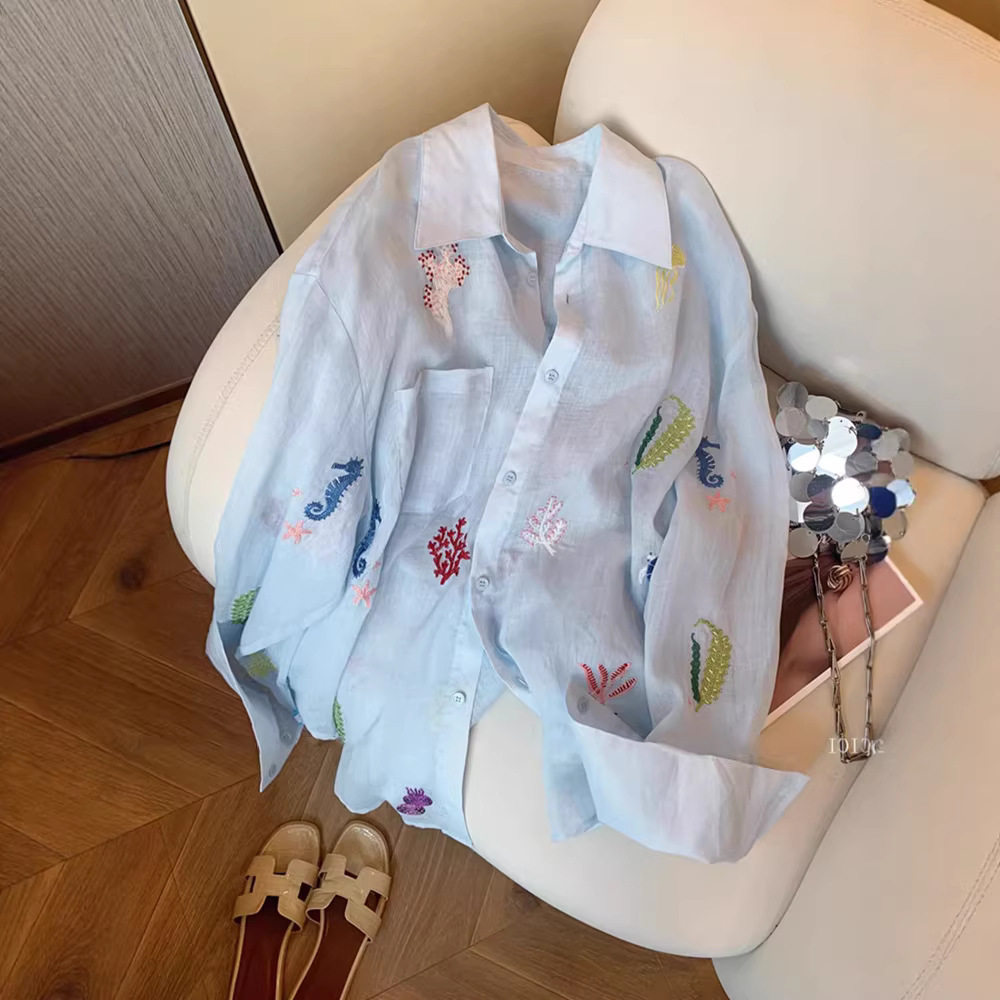 卡通刺绣防晒薄款衬衫长袖女2026夏季新款超仙小清新外穿百搭上衣