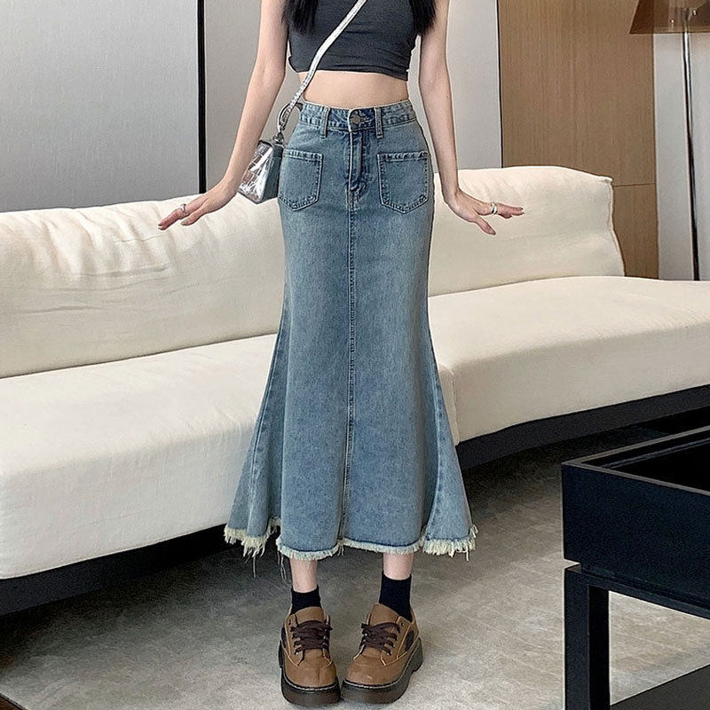 复古牛仔半身裙女2026夏季新款高腰显瘦毛边中长款鱼尾裙包臀裙