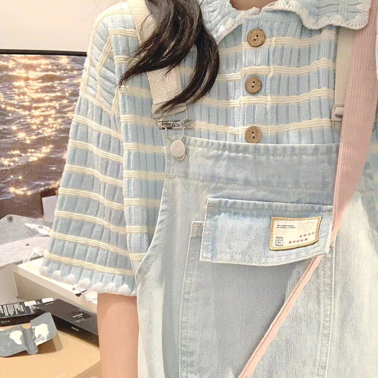 抱婴袋裙洋装女夏季2026法式设计感小众奶甜美条纹polo领别致套装