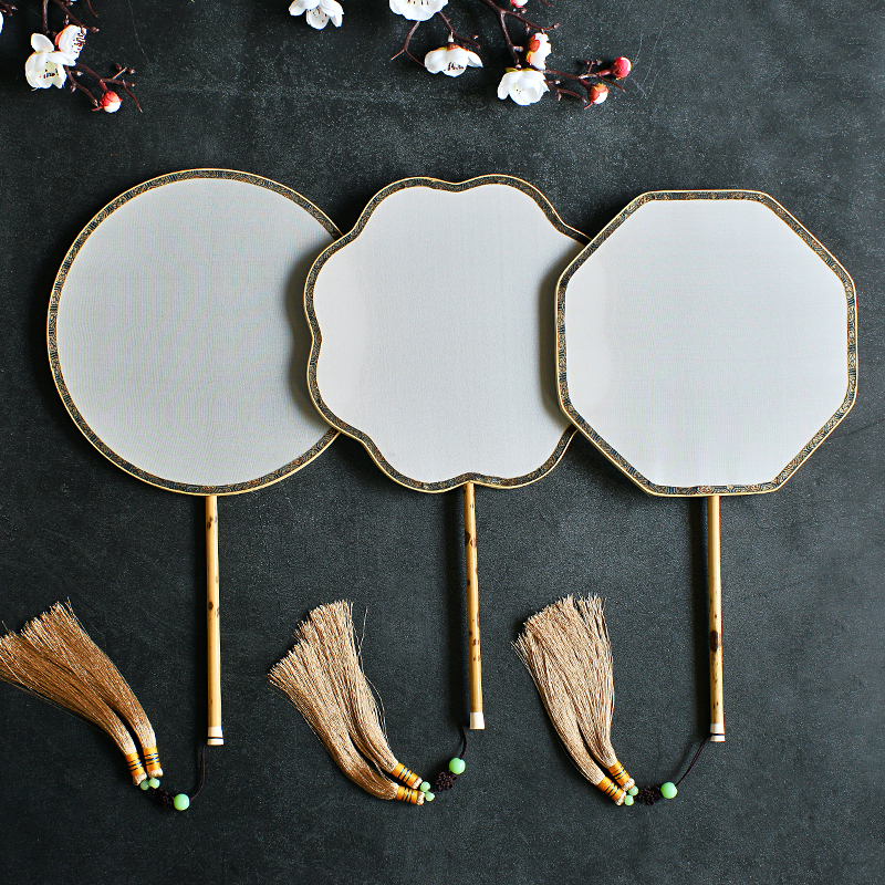 湘妃竹柄中国风纯l色绫绢加厚真丝团扇空白绘画刺绣送人可作画工