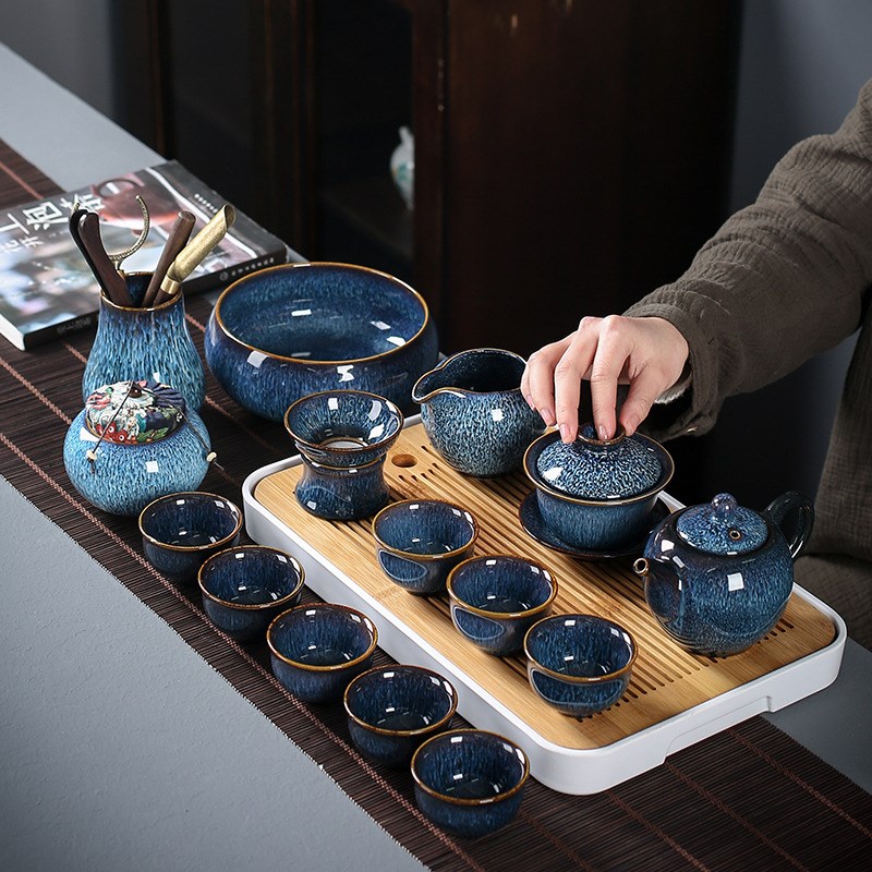 窑变茶具套装i拉丝蓝盏整套功夫陶瓷茶杯盖碗茶壶礼品