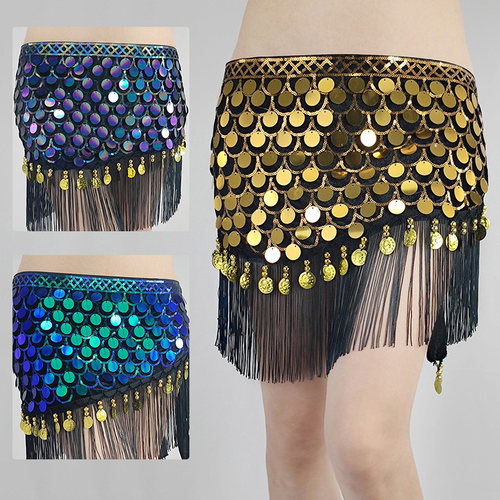 速发新款封皮带腰链亮片臀巾裙鱼鳞珠片流苏腰肚腰舞舞蹈腰裙演出