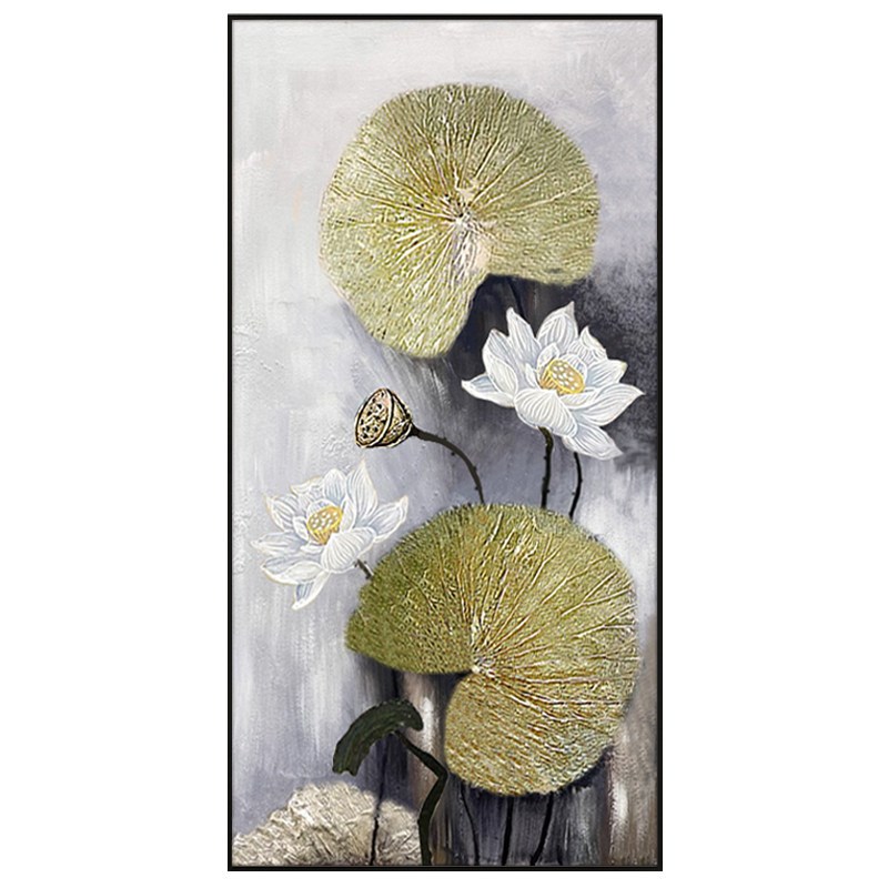 速发荷花纯手绘油画立体抽象轻奢壁画简约玄关装饰画竖版走廊过道