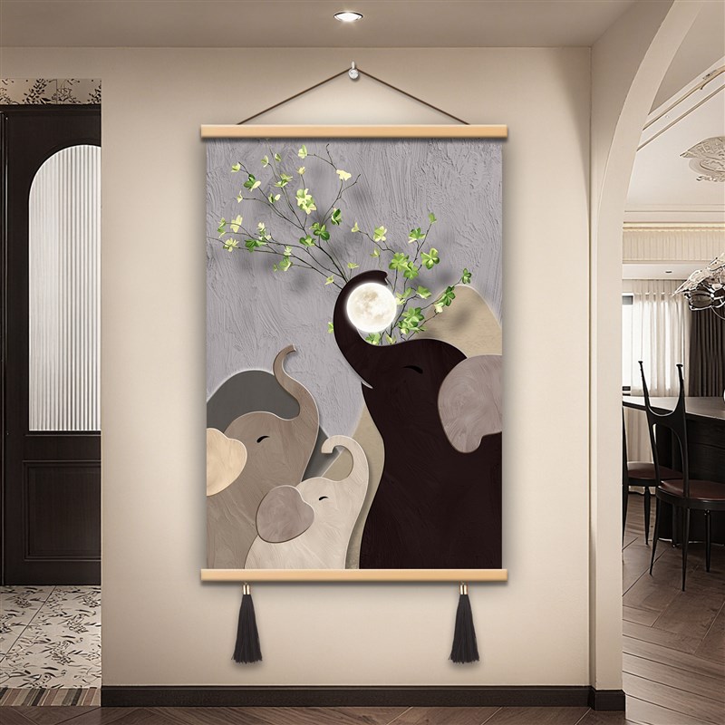 速发现代简约大象装饰画客厅卧室挂画松木框流苏吊穗高清画布