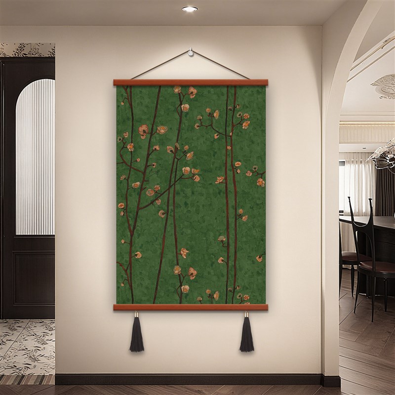 速发现代绿色复古南洋风梅花枝条客厅餐厅玄关装饰画卧室壁画竖版