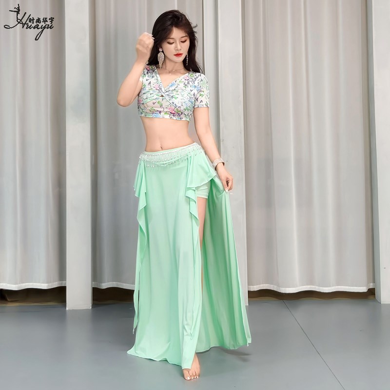 速发肚皮舞服装新款印花网纱性感东方舞舞蹈服高级长裙表演服套装