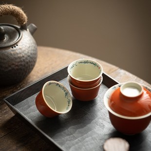 珊瑚红手绘n诗文品茗杯主人杯客杯家用手工陶瓷功夫小茶杯