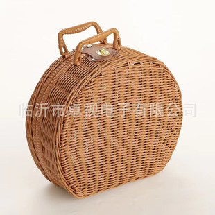 手工编织收纳箱E旅行箱经典 藤编半圆形手提箱 复古便携储物箱