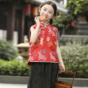 儿童春夏款新中式汉服女童中国风背心红色唐装宝宝马甲抓周礼服