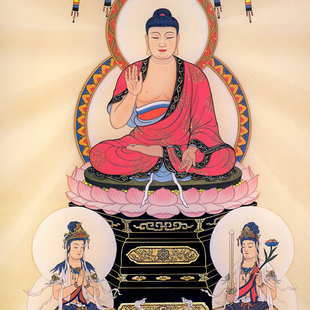 华严三圣画像卷轴画文殊普贤菩萨人物丝绸画客厅玄关装饰绢布挂画