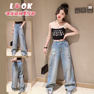女童夏季牛仔裤儿童阔腿裤小女孩休闲长裤中大童宽松大脚裤童装潮